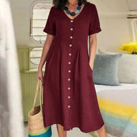 SaneShoppe - 2024 Summer New Cotton and Hemp Plus Size Dress V - neck Short Sleeved Single Breasted Elegant Loose Folded Casual Dress