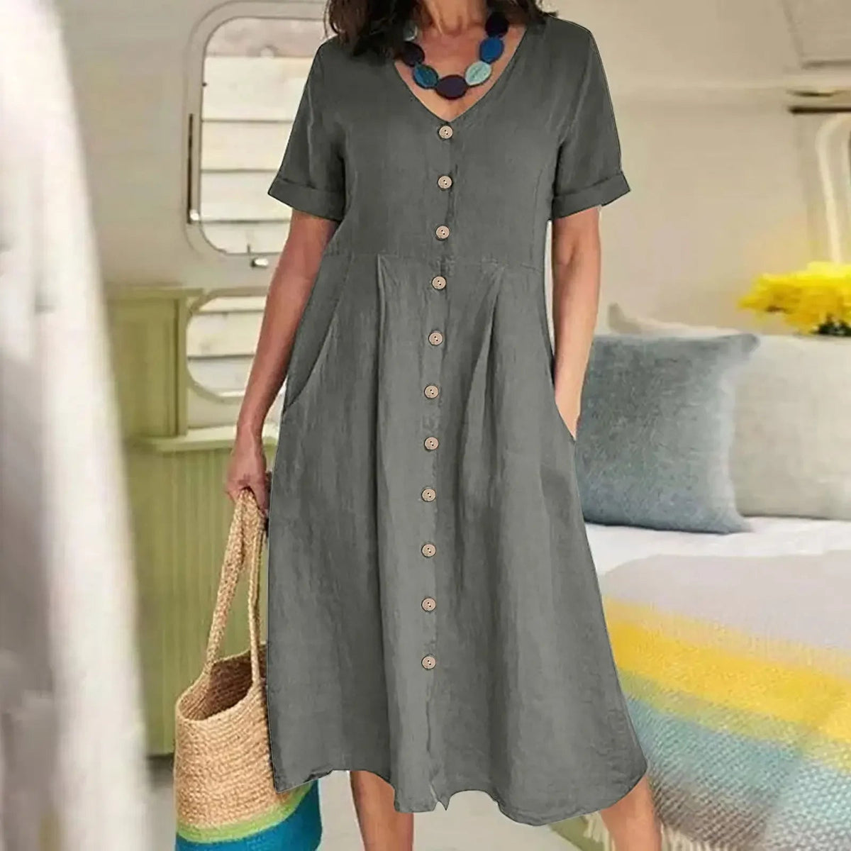SaneShoppe - 2024 Summer New Cotton and Hemp Plus Size Dress V - neck Short Sleeved Single Breasted Elegant Loose Folded Casual Dress