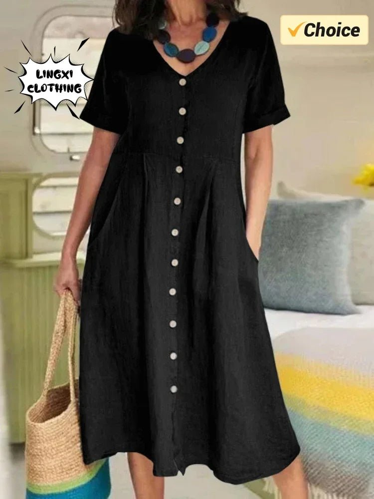 SaneShoppe - 2024 Summer New Cotton and Hemp Plus Size Dress V - neck Short Sleeved Single Breasted Elegant Loose Folded Casual Dress