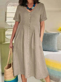 SaneShoppe - 2024 Summer New Cotton and Hemp Plus Size Dress V - neck Short Sleeved Single Breasted Elegant Loose Folded Casual Dress