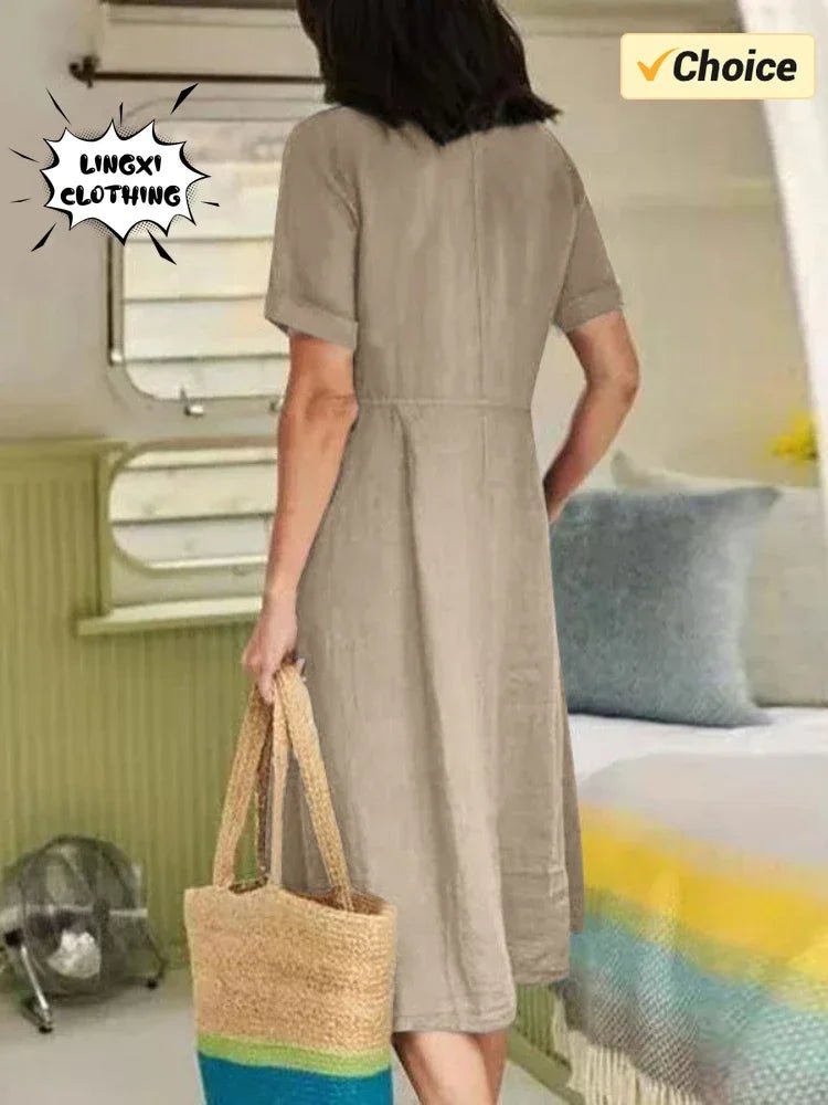 SaneShoppe - 2024 Summer New Cotton and Hemp Plus Size Dress V - neck Short Sleeved Single Breasted Elegant Loose Folded Casual Dress