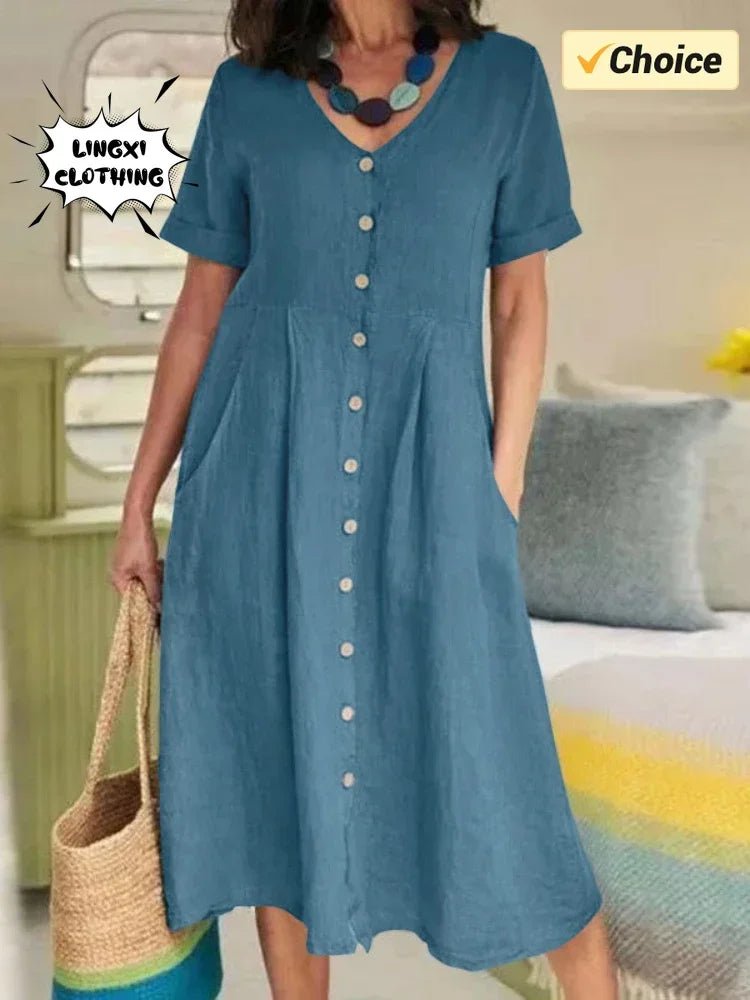 SaneShoppe - 2024 Summer New Cotton and Hemp Plus Size Dress V - neck Short Sleeved Single Breasted Elegant Loose Folded Casual Dress