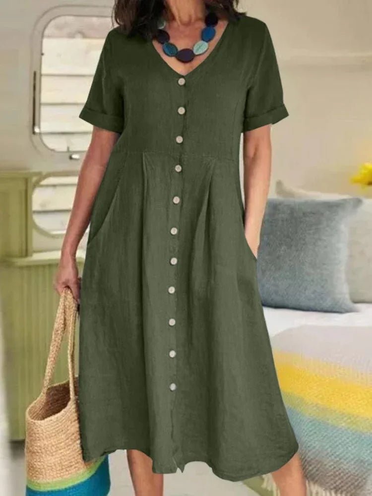 SaneShoppe - 2024 Summer New Cotton and Hemp Plus Size Dress V - neck Short Sleeved Single Breasted Elegant Loose Folded Casual Dress
