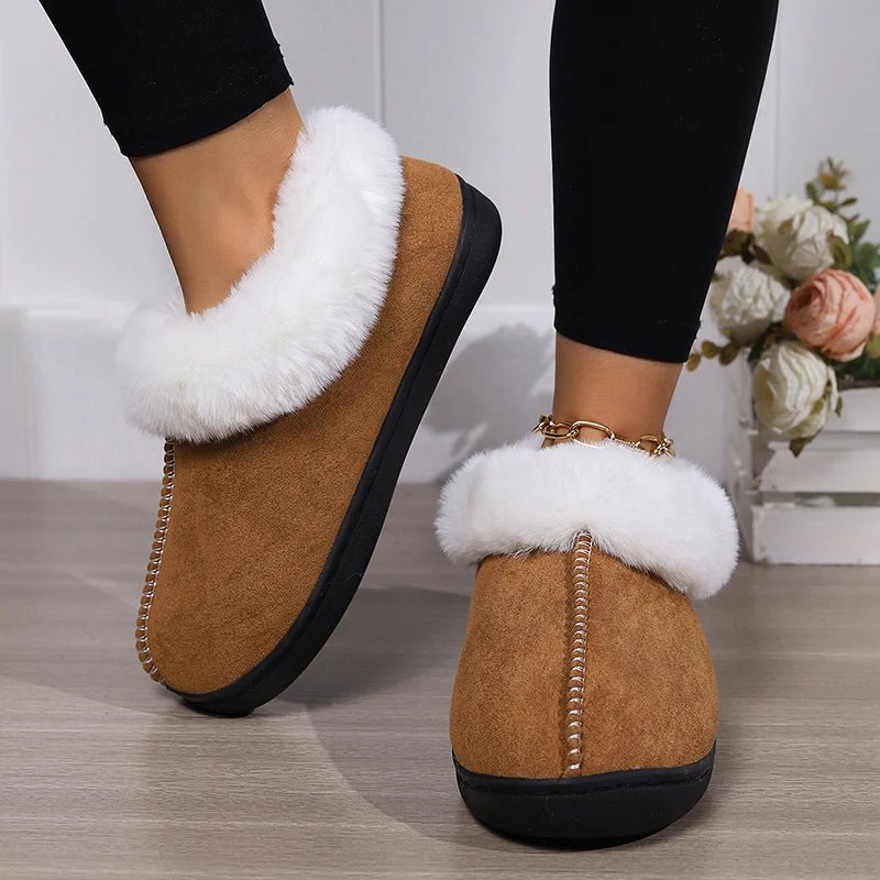 SaneShoppe - 2024 Winter Warm Fur Indoor Home Slippers Women Faux Suede Closed Toe Couple Slippers Woman Comfort Soft Sole House Shoes Slides
