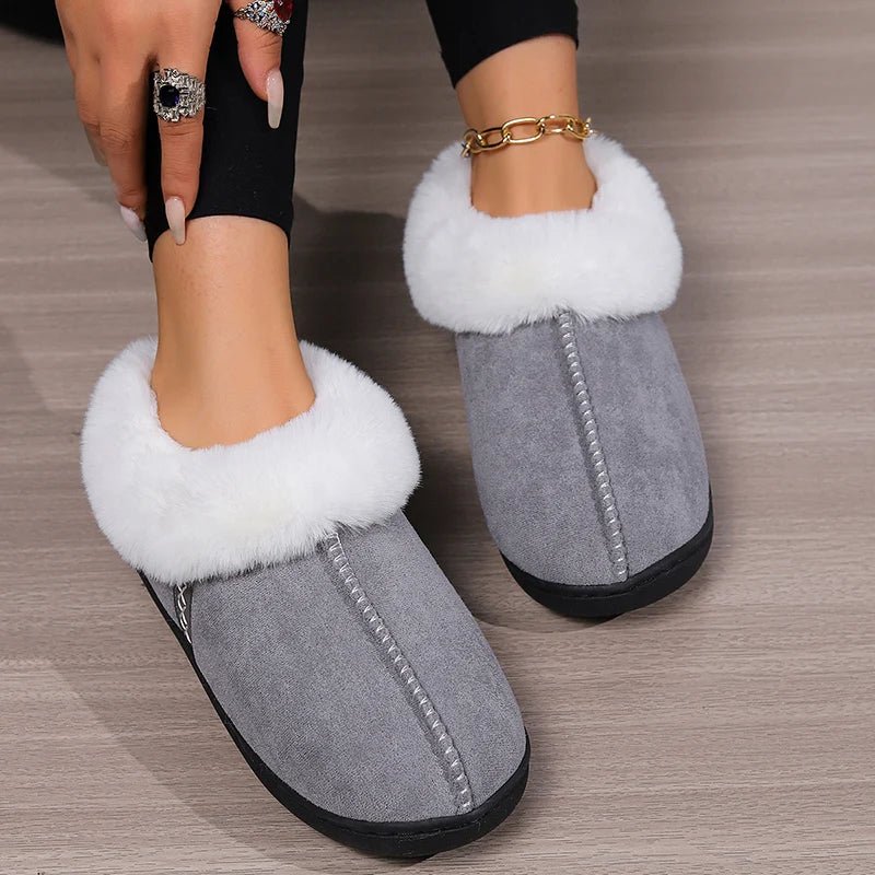 SaneShoppe - 2024 Winter Warm Fur Indoor Home Slippers Women Faux Suede Closed Toe Couple Slippers Woman Comfort Soft Sole House Shoes Slides