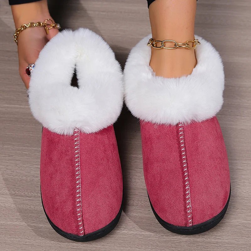 SaneShoppe - 2024 Winter Warm Fur Indoor Home Slippers Women Faux Suede Closed Toe Couple Slippers Woman Comfort Soft Sole House Shoes Slides