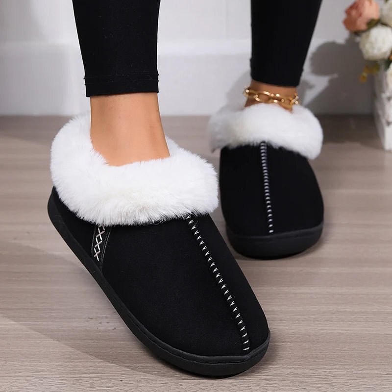 SaneShoppe - 2024 Winter Warm Fur Indoor Home Slippers Women Faux Suede Closed Toe Couple Slippers Woman Comfort Soft Sole House Shoes Slides