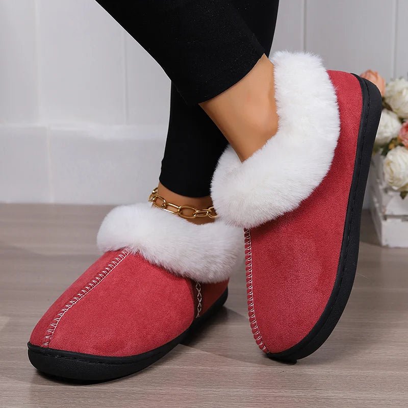 SaneShoppe - 2024 Winter Warm Fur Indoor Home Slippers Women Faux Suede Closed Toe Couple Slippers Woman Comfort Soft Sole House Shoes Slides