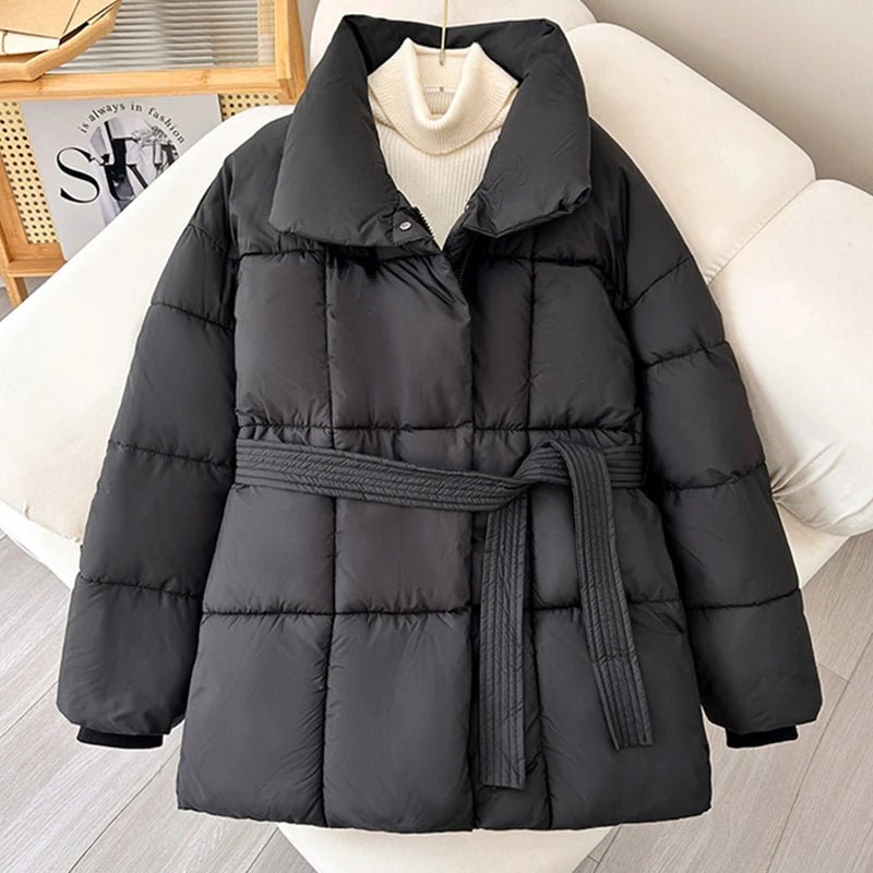 SaneShoppe - 2024 With a Belt Jacket Women Winter Jacket Woman Parkas Solid Thicken Warm Female Snow Wear Coat Cotton Padded Outwear Clothes