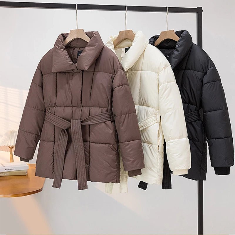 SaneShoppe - 2024 With a Belt Jacket Women Winter Jacket Woman Parkas Solid Thicken Warm Female Snow Wear Coat Cotton Padded Outwear Clothes