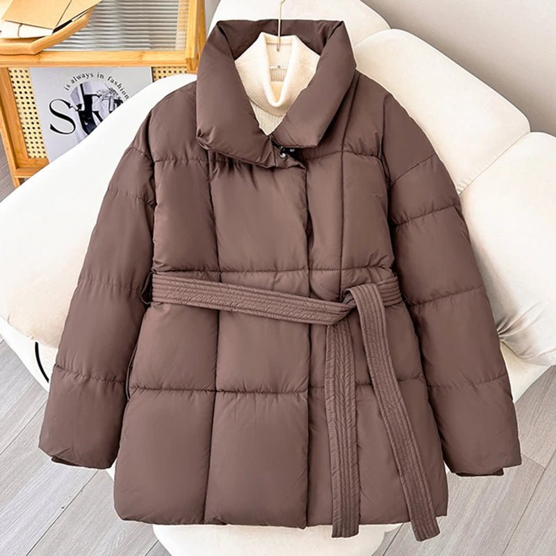 SaneShoppe - 2024 With a Belt Jacket Women Winter Jacket Woman Parkas Solid Thicken Warm Female Snow Wear Coat Cotton Padded Outwear Clothes
