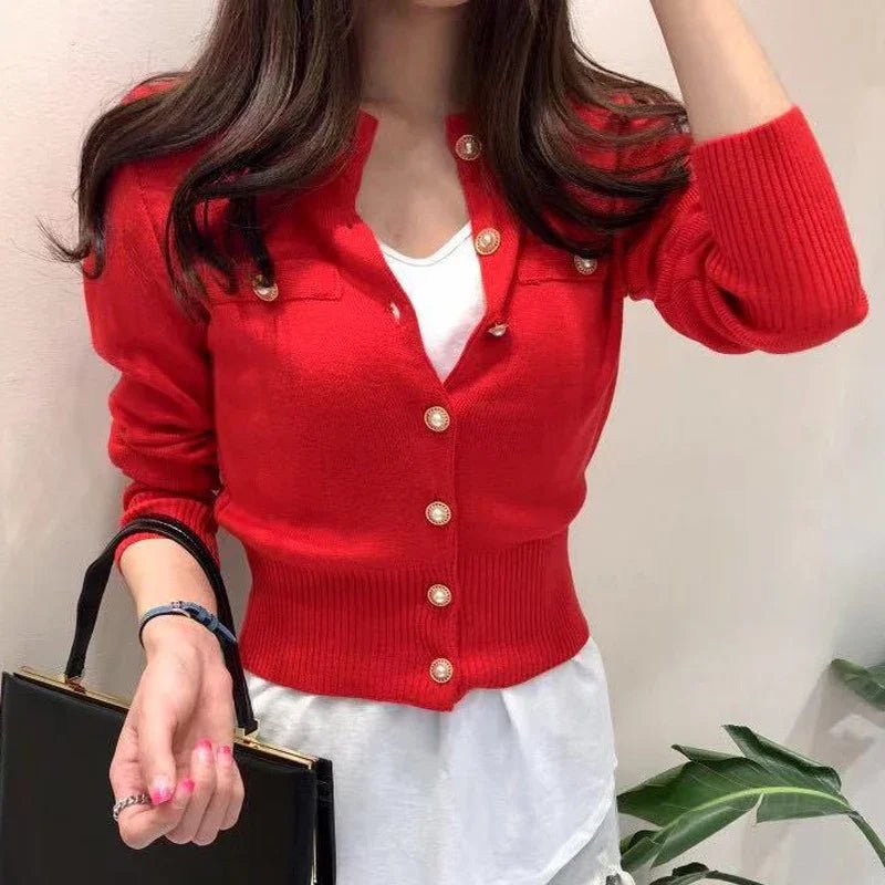 SaneShoppe - 2025 Autumn Long Sleeve Fashion Women Cardigans Sweater Knitted Coat Short Casual Single Breasted Korean Slim Chic Ladies Tops