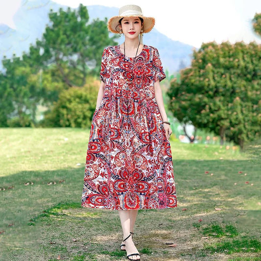 SaneShoppe-2025 New Printing Floral Summer Dress Women Fashion Loose Vintage Plus Size Casual Dress