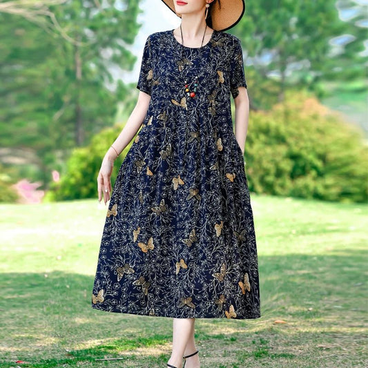 SaneShoppe-2025 New Printing Floral Summer Dress Women Fashion Loose Vintage Plus Size Casual Dress