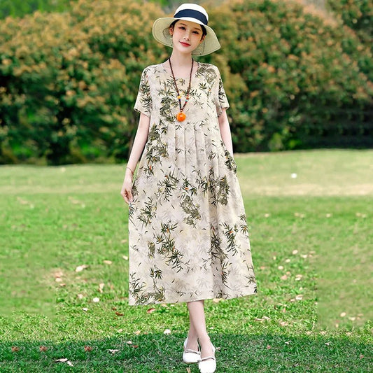 SaneShoppe-2025 New Printing Floral Summer Dress Women Fashion Loose Vintage Plus Size Casual Dress
