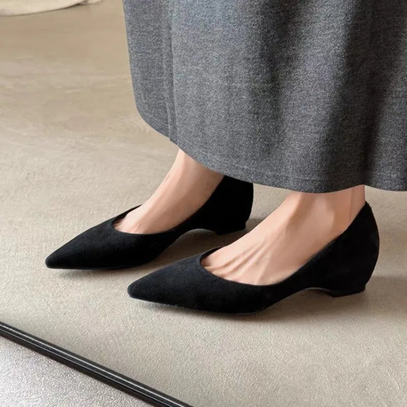 SaneShoppe - 2025 New Handmade Genuine Suede Low Heels Pointed Toe Dress Shoes Women Elegant Pumps Casual Shoes Flat Shoes
