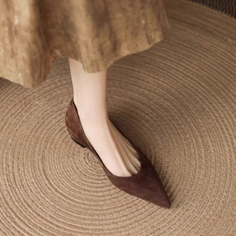 SaneShoppe - 2025 New Handmade Genuine Suede Low Heels Pointed Toe Dress Shoes Women Elegant Pumps Casual Shoes Flat Shoes