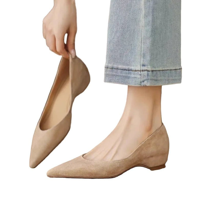 SaneShoppe - 2025 New Handmade Genuine Suede Low Heels Pointed Toe Dress Shoes Women Elegant Pumps Casual Shoes Flat Shoes