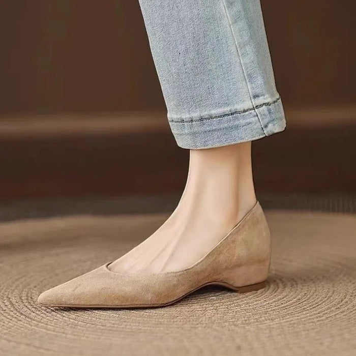 SaneShoppe - 2025 New Handmade Genuine Suede Low Heels Pointed Toe Dress Shoes Women Elegant Pumps Casual Shoes Flat Shoes