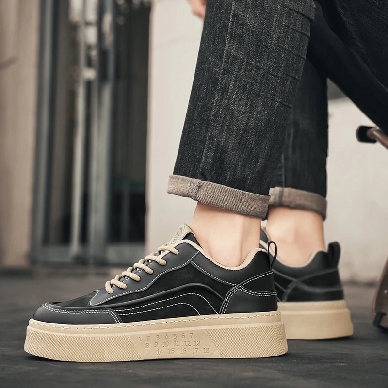 SaneShoppe - 2025 New Men's Shoes Leather Fashion Low - top Vulcanized Shoes Male Casual Shoes Running Sports Thick Soled Shoes Zapatos Hombre