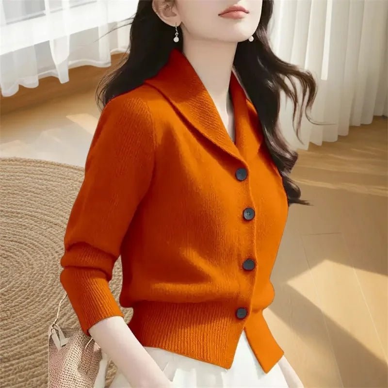 SaneShoppe - 2025 New Spring Autumn Women Sweaters Elegant Solid Color Lapel Long Sleeved Knitted Cardigan Jacket Korean Female Knitwear Tops