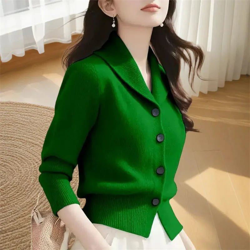 SaneShoppe - 2025 New Spring Autumn Women Sweaters Elegant Solid Color Lapel Long Sleeved Knitted Cardigan Jacket Korean Female Knitwear Tops