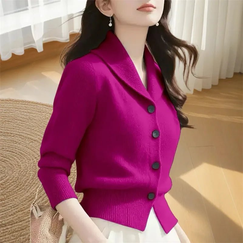 SaneShoppe - 2025 New Spring Autumn Women Sweaters Elegant Solid Color Lapel Long Sleeved Knitted Cardigan Jacket Korean Female Knitwear Tops