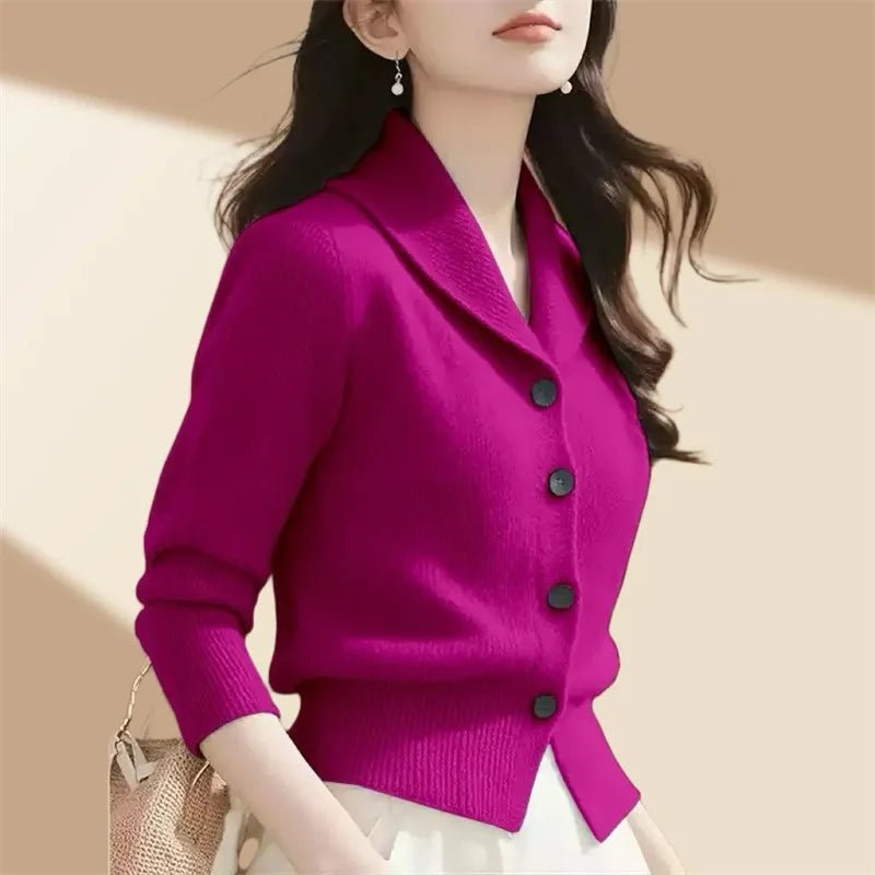 SaneShoppe - 2025 New Spring Autumn Women Sweaters Elegant Solid Color Lapel Long Sleeved Knitted Cardigan Jacket Korean Female Knitwear Tops
