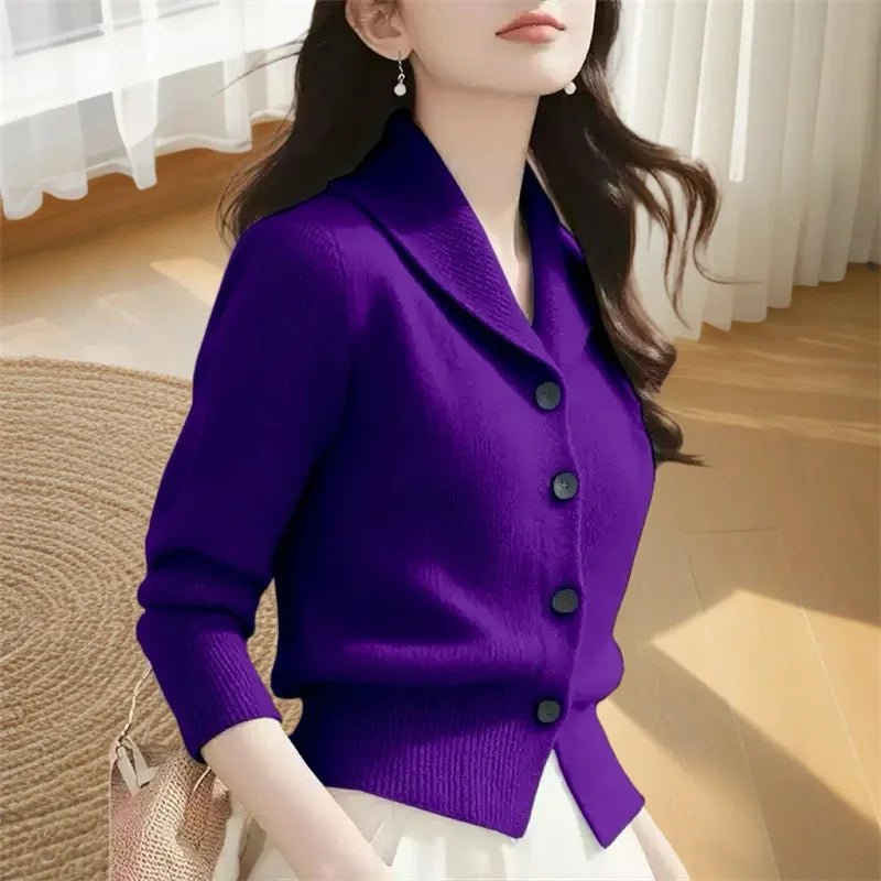 SaneShoppe - 2025 New Spring Autumn Women Sweaters Elegant Solid Color Lapel Long Sleeved Knitted Cardigan Jacket Korean Female Knitwear Tops