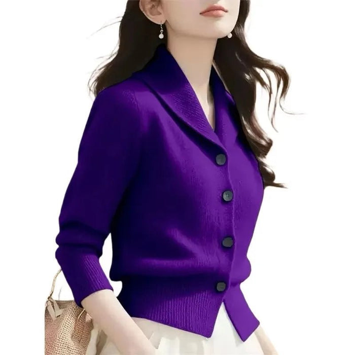 SaneShoppe - 2025 New Spring Autumn Women Sweaters Elegant Solid Color Lapel Long Sleeved Knitted Cardigan Jacket Korean Female Knitwear Tops