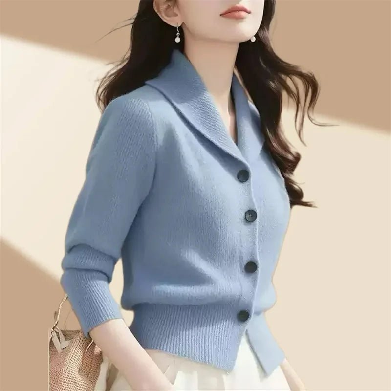 SaneShoppe - 2025 New Spring Autumn Women Sweaters Elegant Solid Color Lapel Long Sleeved Knitted Cardigan Jacket Korean Female Knitwear Tops