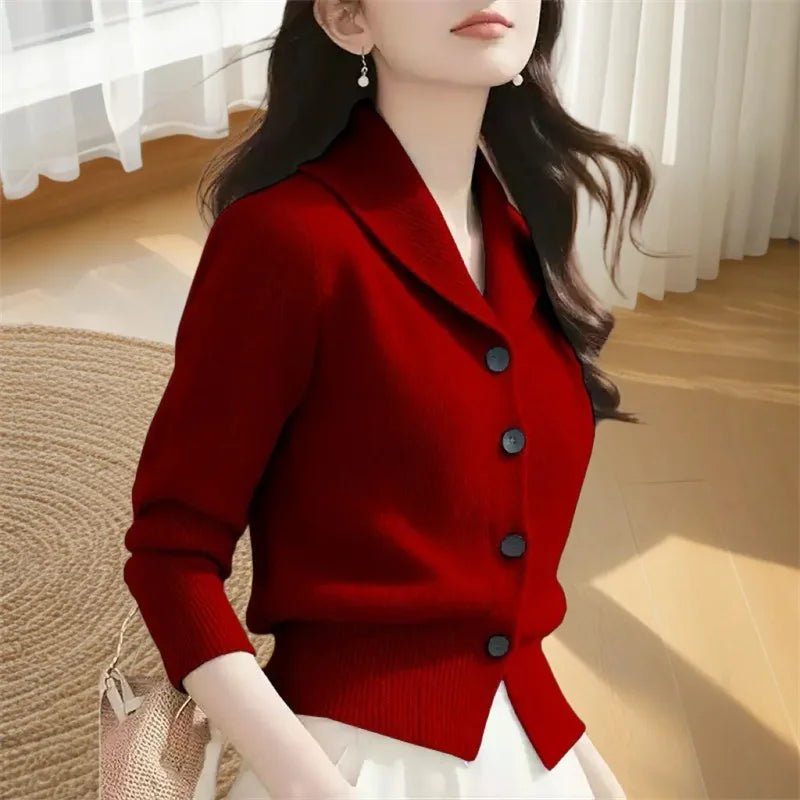 SaneShoppe - 2025 New Spring Autumn Women Sweaters Elegant Solid Color Lapel Long Sleeved Knitted Cardigan Jacket Korean Female Knitwear Tops