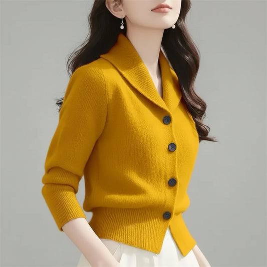 SaneShoppe - 2025 New Spring Autumn Women Sweaters Elegant Solid Color Lapel Long Sleeved Knitted Cardigan Jacket Korean Female Knitwear Tops