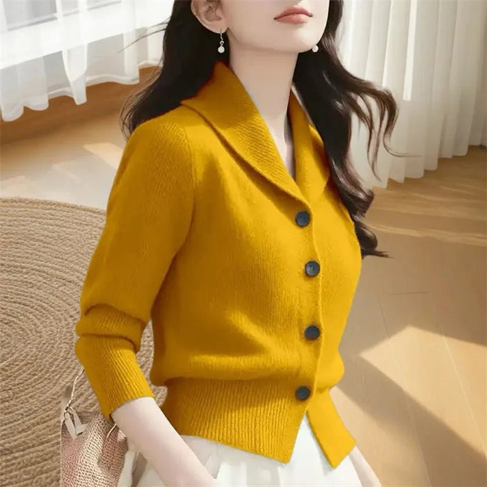 SaneShoppe - 2025 New Spring Autumn Women Sweaters Elegant Solid Color Lapel Long Sleeved Knitted Cardigan Jacket Korean Female Knitwear Tops
