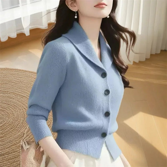SaneShoppe - 2025 New Spring Autumn Women Sweaters Elegant Solid Color Lapel Long Sleeved Knitted Cardigan Jacket Korean Female Knitwear Tops