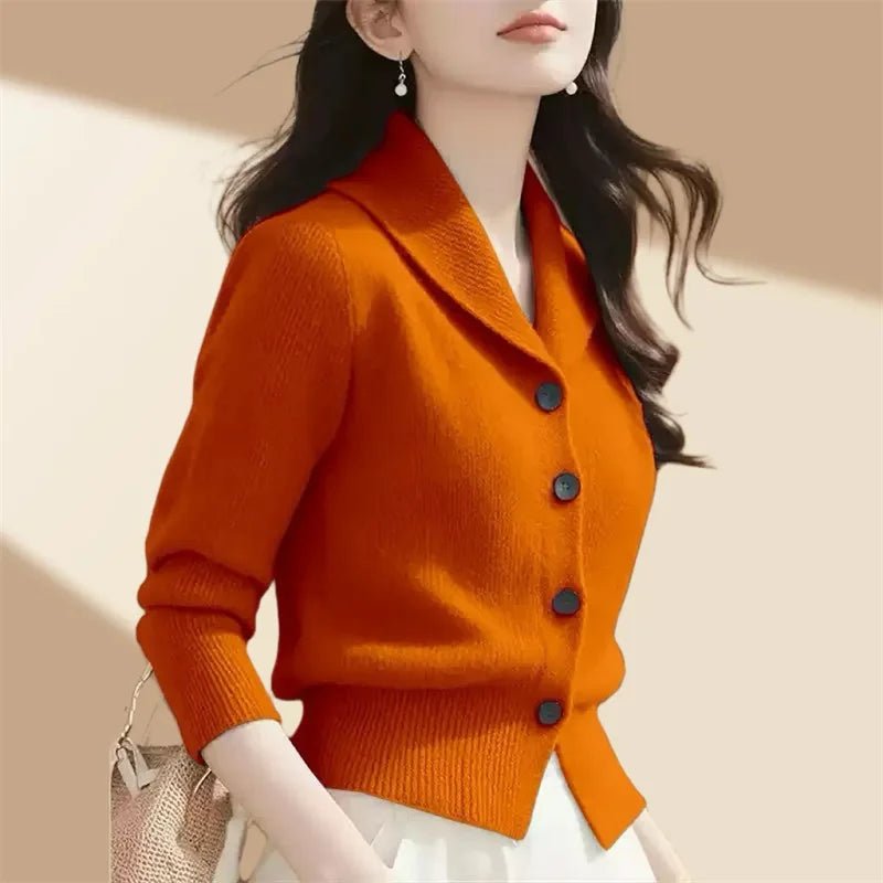 SaneShoppe - 2025 New Spring Autumn Women Sweaters Elegant Solid Color Lapel Long Sleeved Knitted Cardigan Jacket Korean Female Knitwear Tops