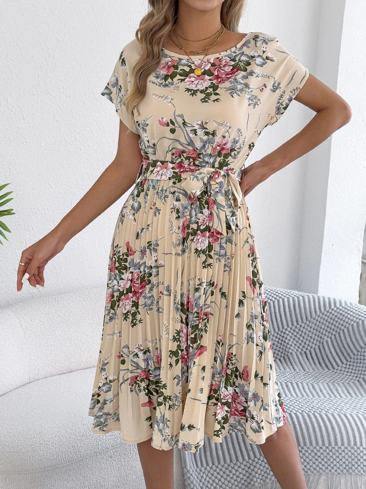 SaneShoppe - 2025 Retro Floral Pattern Printed Dress Woman Elegant Spring Summer Round Neck Lace Up Short Sleeve Dress