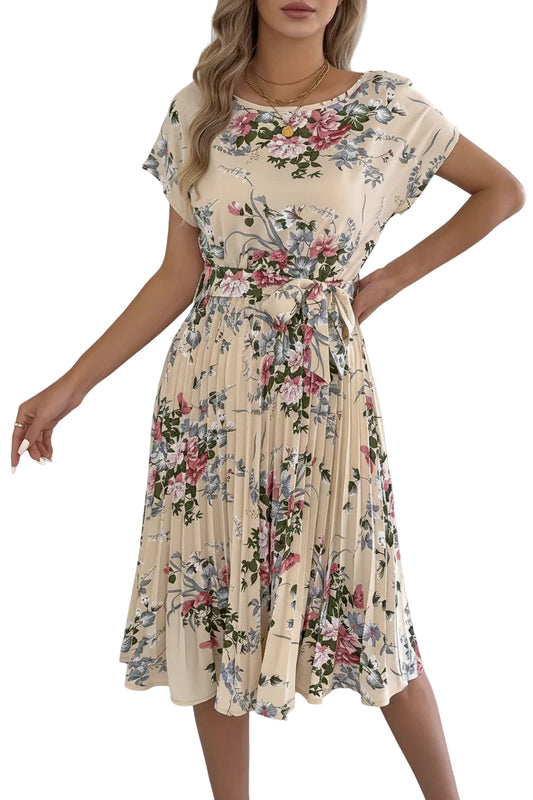 SaneShoppe - 2025 Retro Floral Pattern Printed Dress Woman Elegant Spring Summer Round Neck Lace Up Short Sleeve Dress