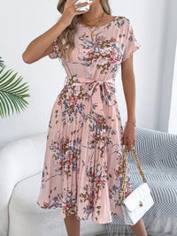 SaneShoppe - 2025 Retro Floral Pattern Printed Dress Woman Elegant Spring Summer Round Neck Lace Up Short Sleeve Dress