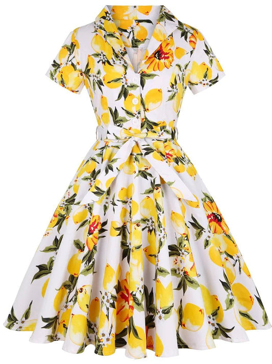 SaneShoppe - 2025 Summer Cotton Vintage Midi Party Dress Short Sleeve 4XL Robe Femme Swing 1950s Retro Floral Print Green Rockabilly Dresses