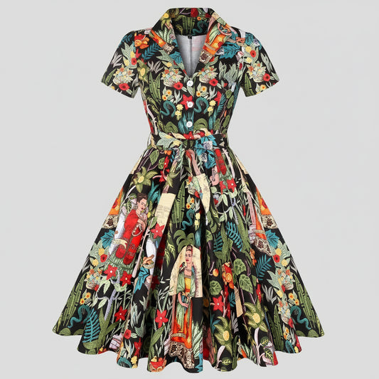 SaneShoppe - 2025 Summer Cotton Vintage Midi Party Dress Short Sleeve 4XL Robe Femme Swing 1950s Retro Floral Print Green Rockabilly Dresses