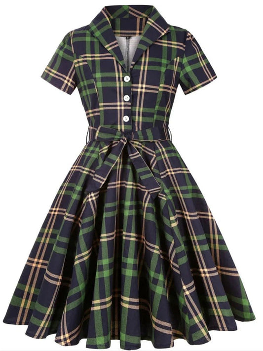 SaneShoppe - 2025 Summer Cotton Vintage Midi Party Dress Short Sleeve 4XL Robe Femme Swing 1950s Retro Floral Print Green Rockabilly Dresses