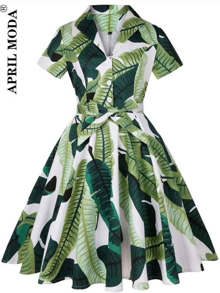 SaneShoppe - 2025 Summer Cotton Vintage Midi Party Dress Short Sleeve 4XL Robe Femme Swing 1950s Retro Floral Print Green Rockabilly Dresses