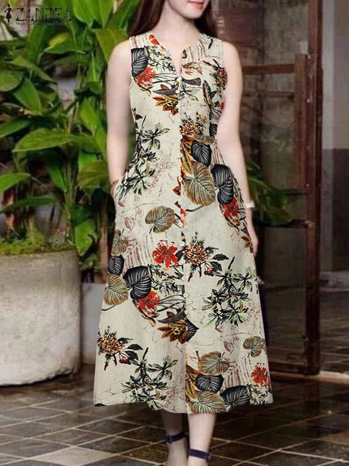 SaneShoppe - 2025 Summer Dress ZANZEA Women Bohemain Printed Midi Sundress Casual V Neck Sleevelesss Holiday Party Vestidos Kaftan Robe Femme