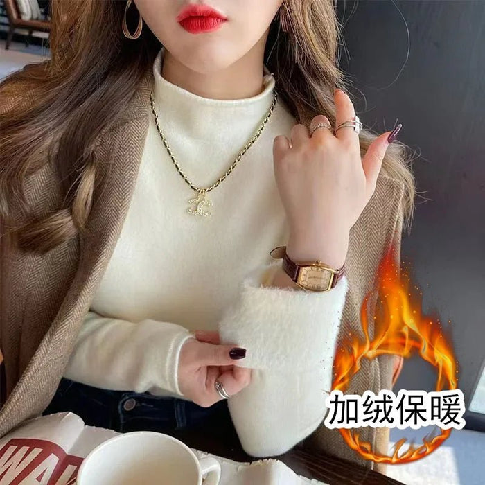 SaneShoppe - 2025 Sweater For Women Casual Thick Warm Knit Plush Velvet Lined Pullover Tops Fall Winter Soft Knitwear Jumper New Slim Poleras