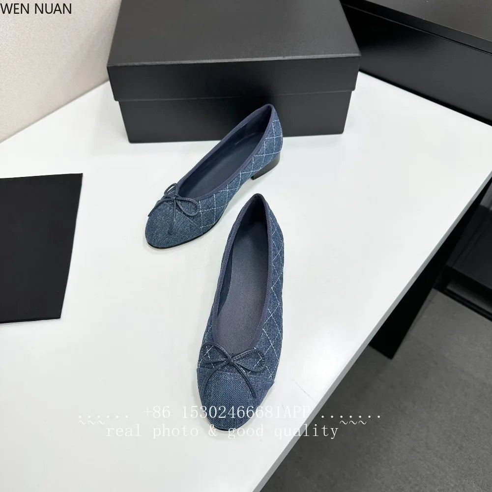 SaneShoppe-2026 Denim Blazer Ballet Flats Leather Round Toe Women's Shoes