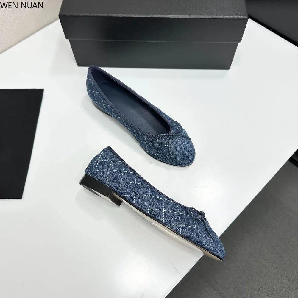SaneShoppe-2026 Denim Blazer Ballet Flats Leather Round Toe Women's Shoes