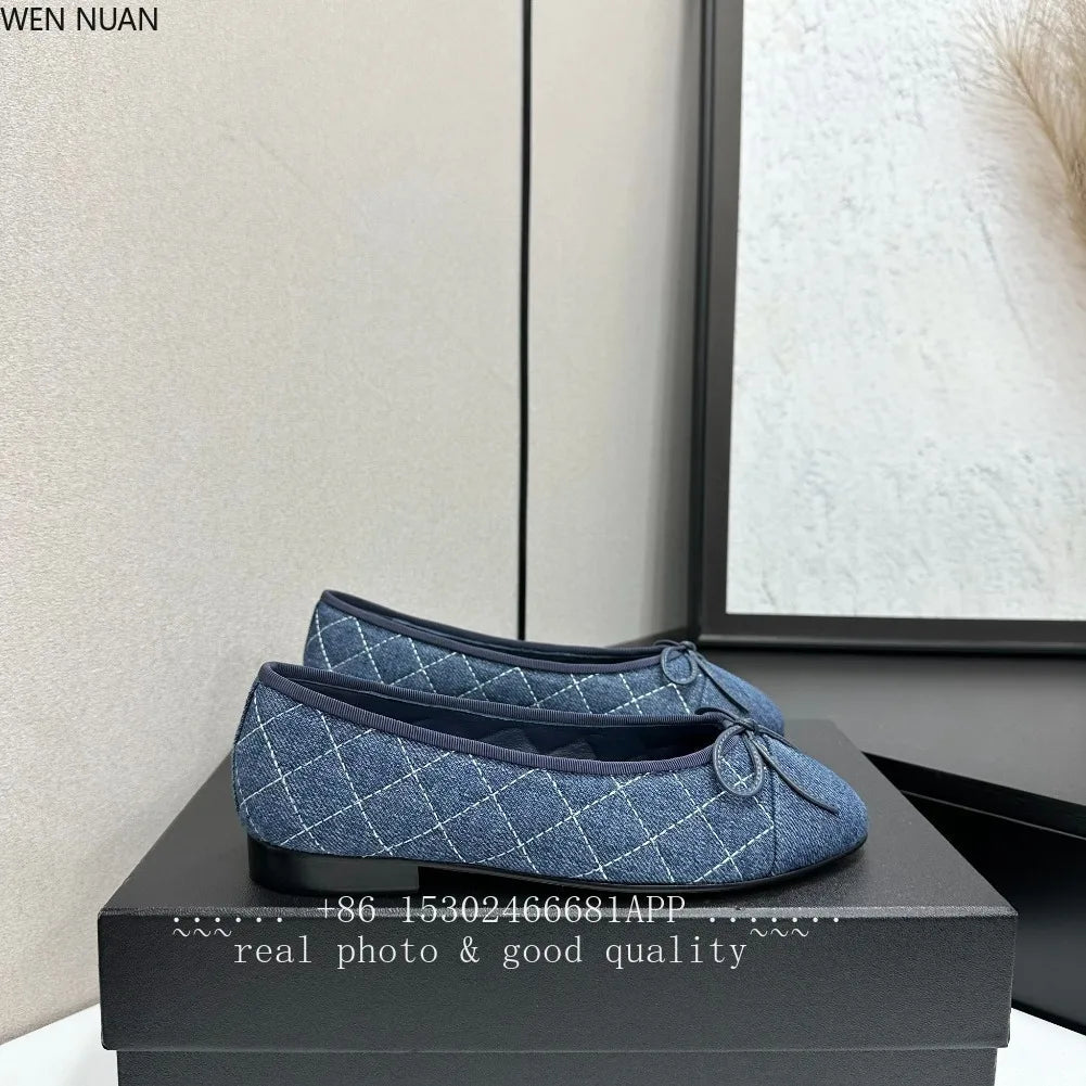 SaneShoppe-2026 Denim Blazer Ballet Flats Leather Round Toe Women's Shoes