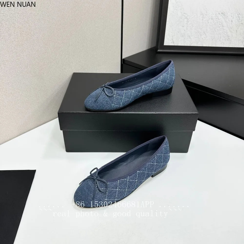 SaneShoppe-2026 Denim Blazer Ballet Flats Leather Round Toe Women's Shoes