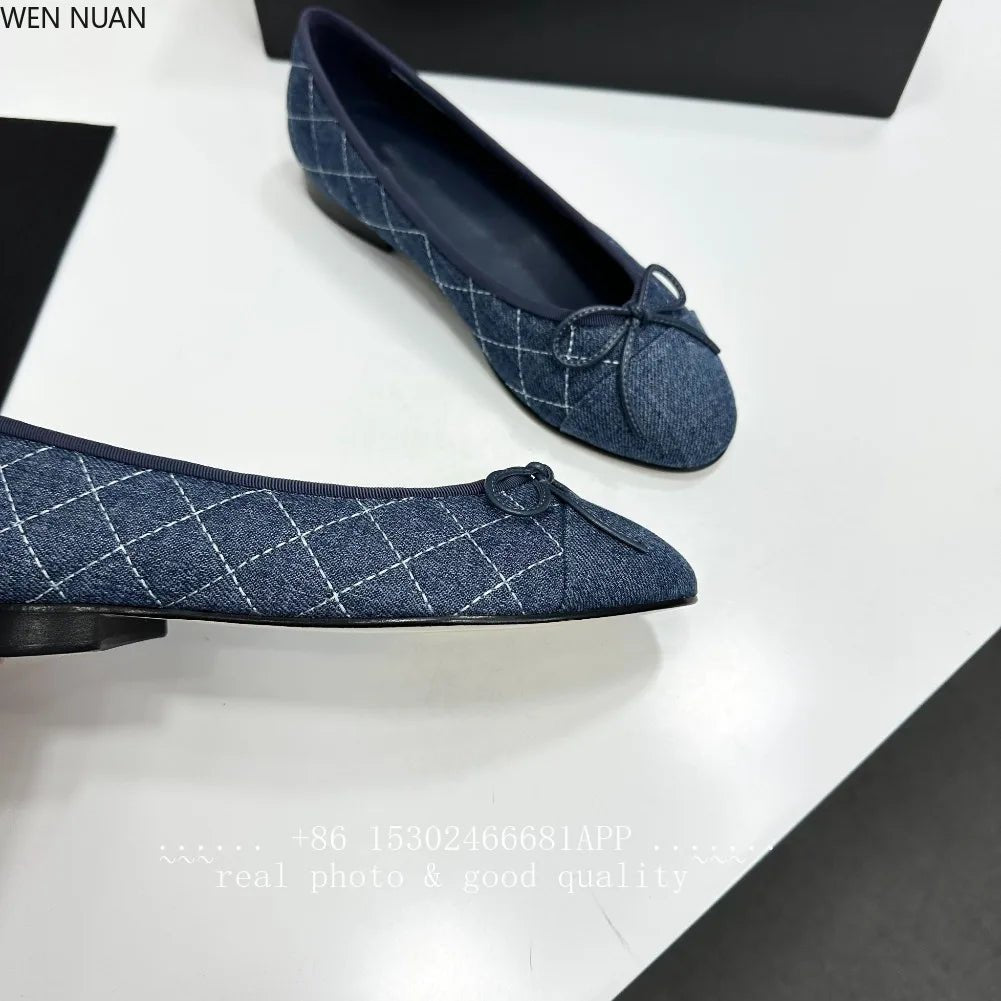 SaneShoppe-2026 Denim Blazer Ballet Flats Leather Round Toe Women's Shoes